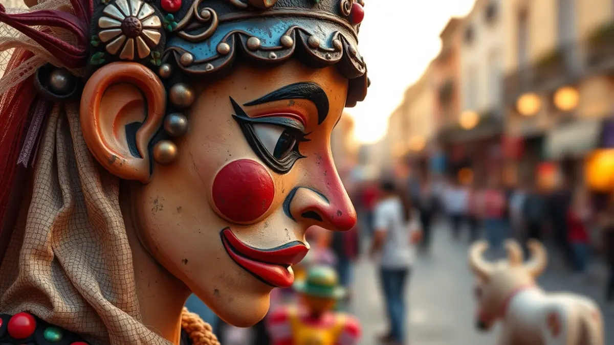 Image of a Fallas 'ninot' head, with vibrant colors and intricate details, in a festive atmosphere.