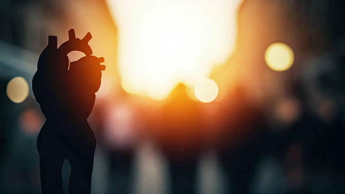 Imagen genérica de un corazón humano con elementos abstractos del estrés y la soledad en un entorno urbano.