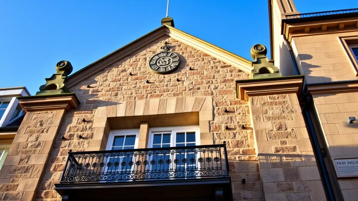Fachada del Ayuntamiento de València con balcón y barandillas de hierro, iluminada por el sol de la tarde.