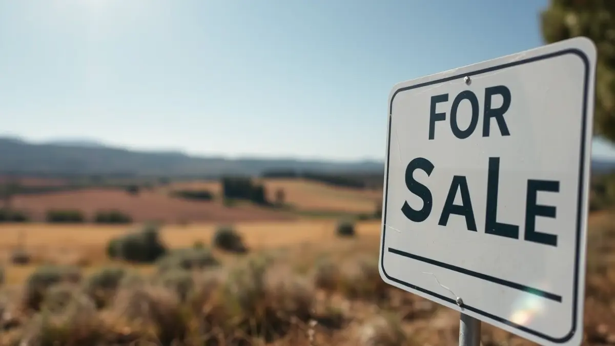 Generic image of a 'For Sale' sign on a non-urbanizable plot of land in a Mediterranean landscape.