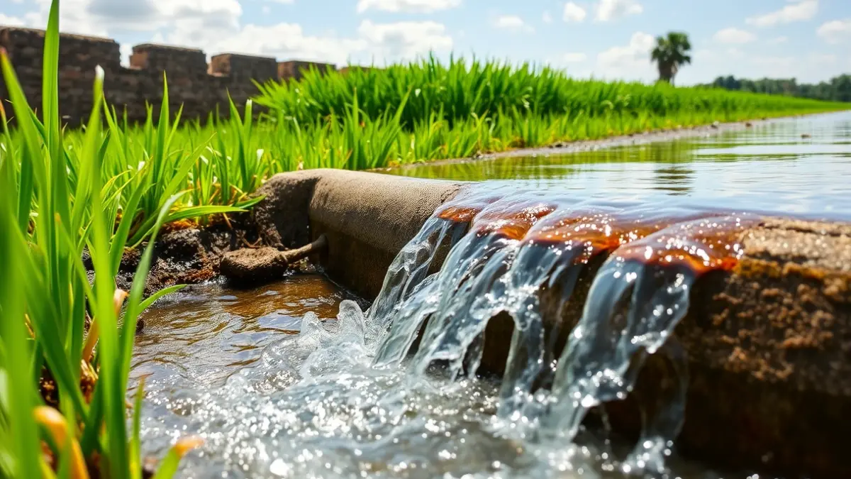 Imatge d'aigua fluint per una séquia en un camp d'arròs de l'Albufera.