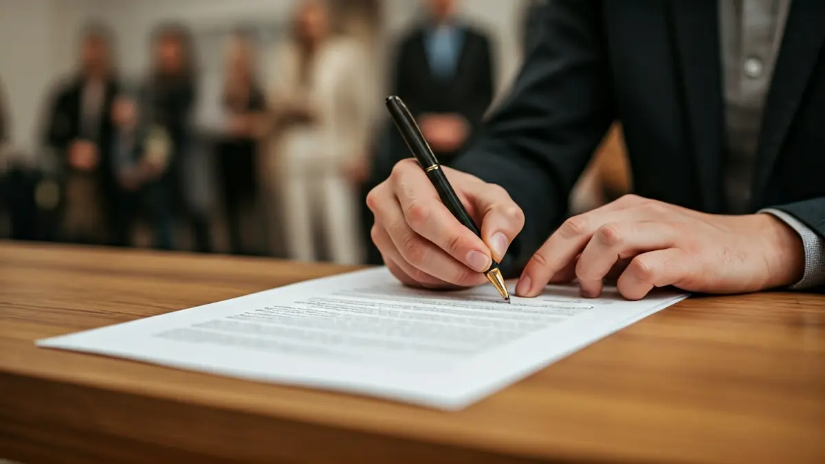 Imatge genèrica d'una mà amb un bolígraf sobre un document, simbolitzant la gestió administrativa.