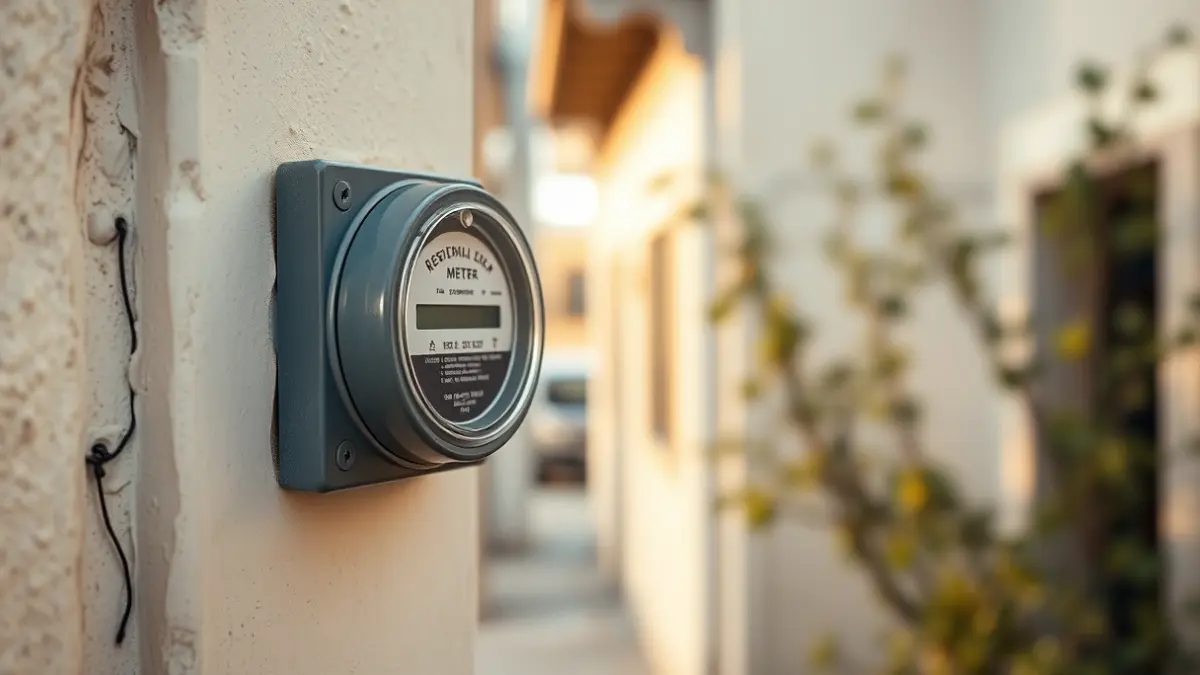 Generic image of an electricity meter on a building facade, with a blurred Mediterranean street in the background.