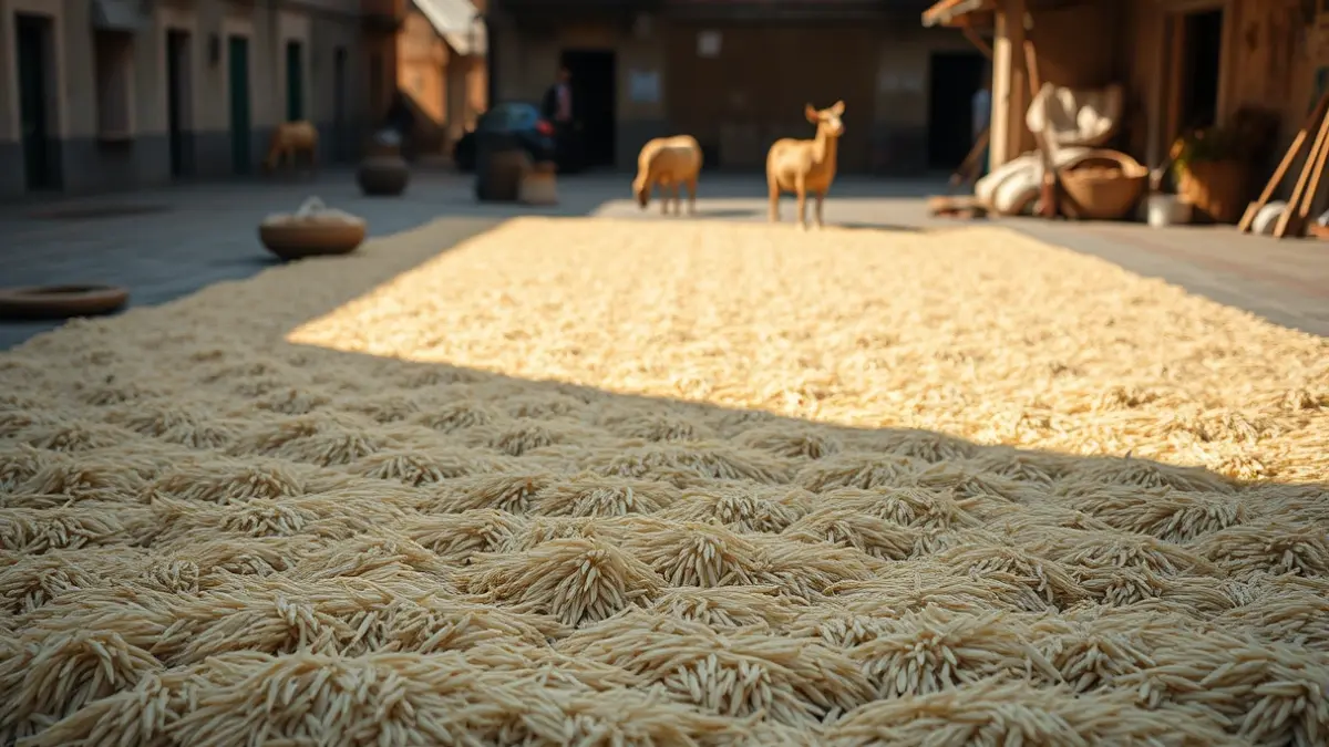 Image of an urban rice drying area with rice spread out in a square, with traditional tools and animals.