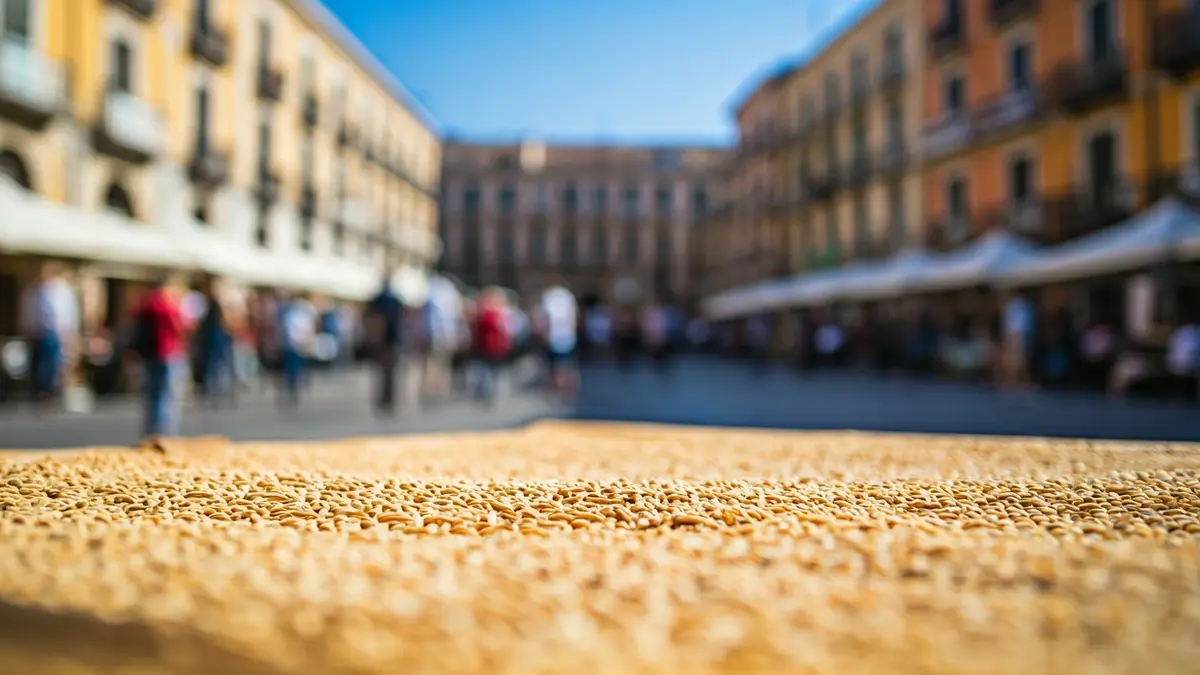 Imagen de un secadero urbano con arroz extendido en una plaza festiva.