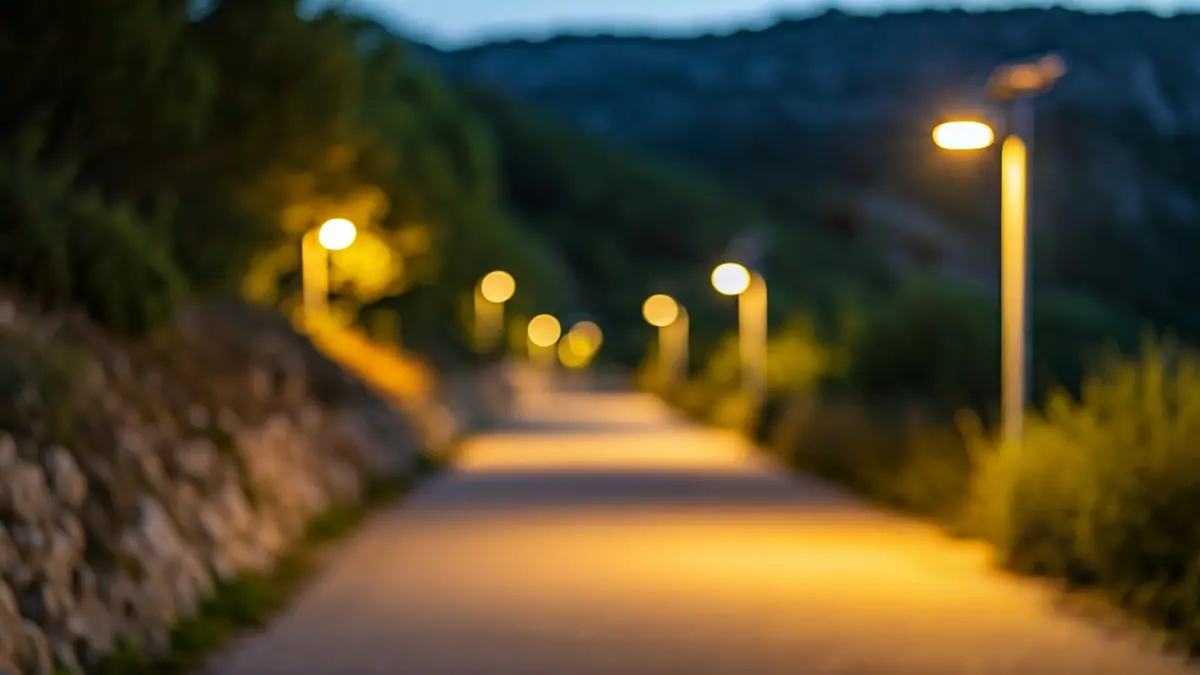 Mountain path illuminated by solar streetlights at dusk.