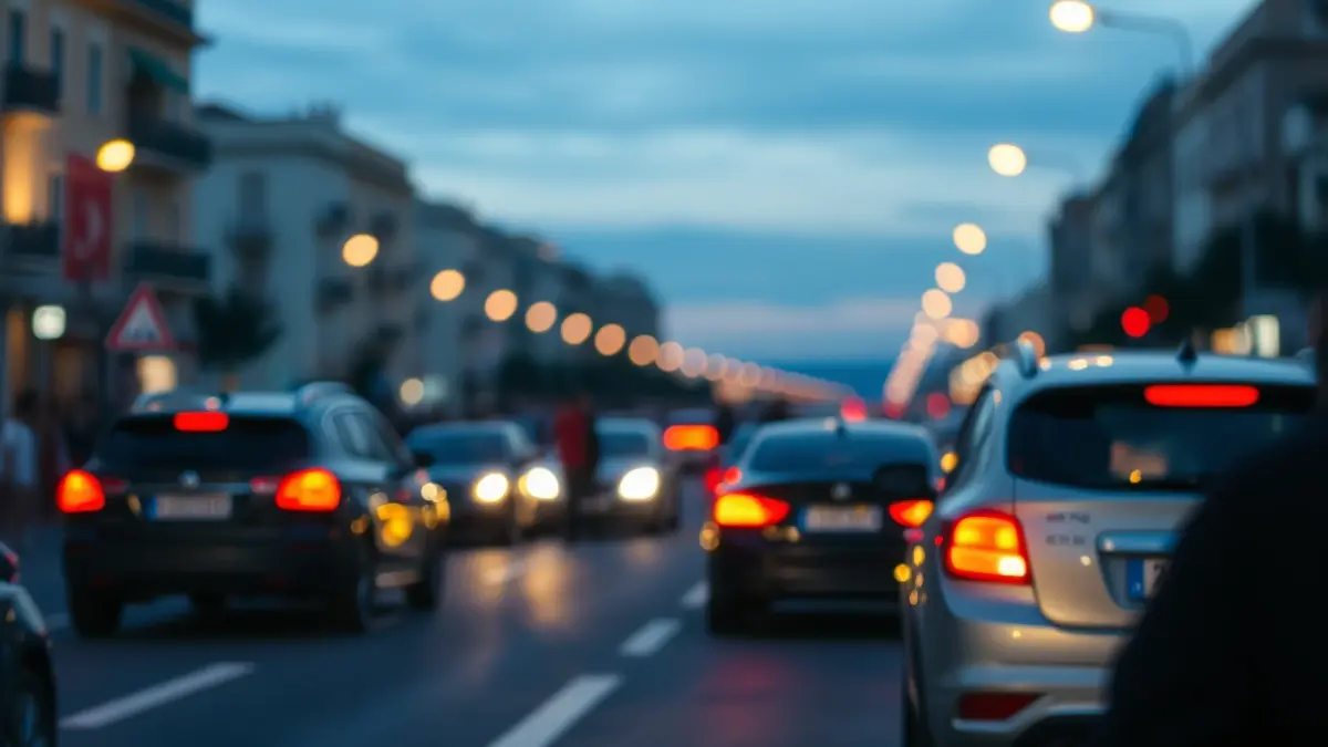 Generic image of a taxi protest in a Mediterranean city, with blurred lights and slow movement.