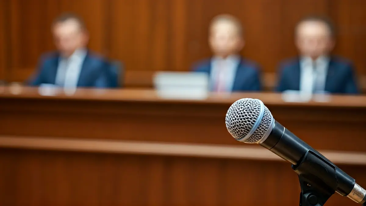 Imatge genèrica d'un micròfon en un faristol, representant un procés judicial.