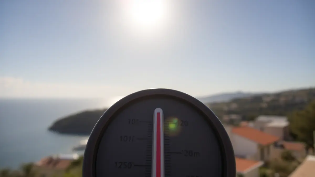 Generic image of a thermometer showing high temperatures under the sun, with a Mediterranean landscape in the background.
