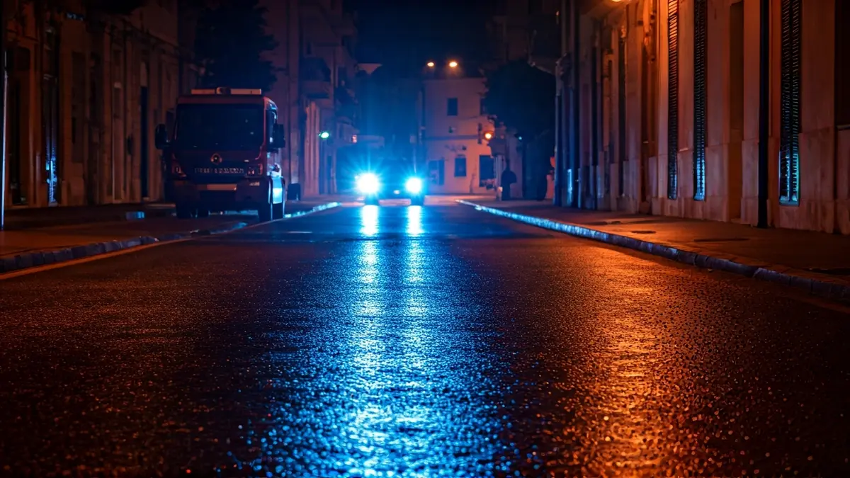 Imatge genèrica de llums d'emergència reflectint-se sobre l'asfalt mullat en un entorn urbà mediterrani.