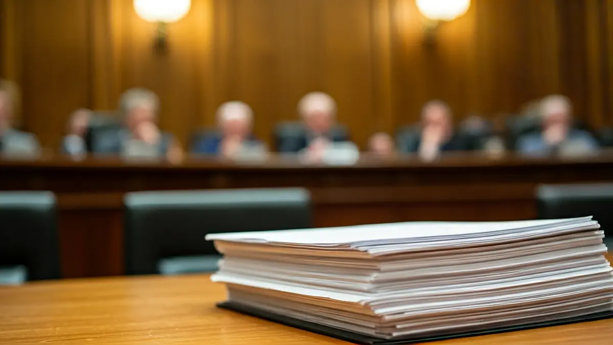Generic image of official documents on a desk, with blurred figures of people debating in the background.