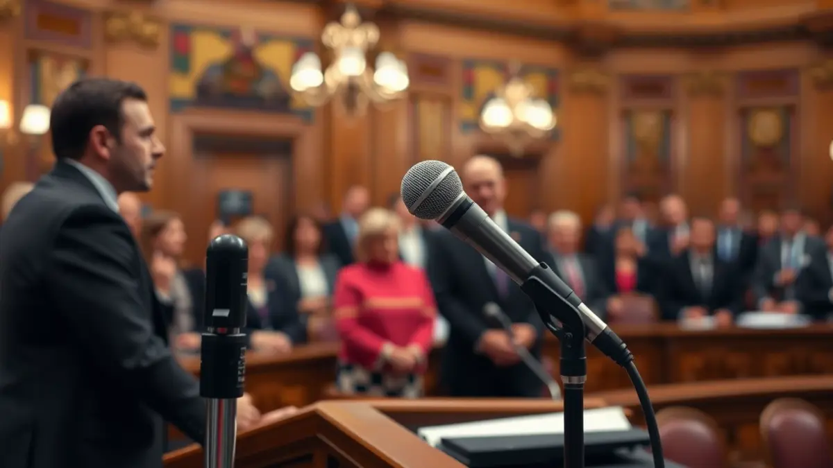 Imatge d'un micròfon en un faristol durant una sessió plenària tensa en un ajuntament.