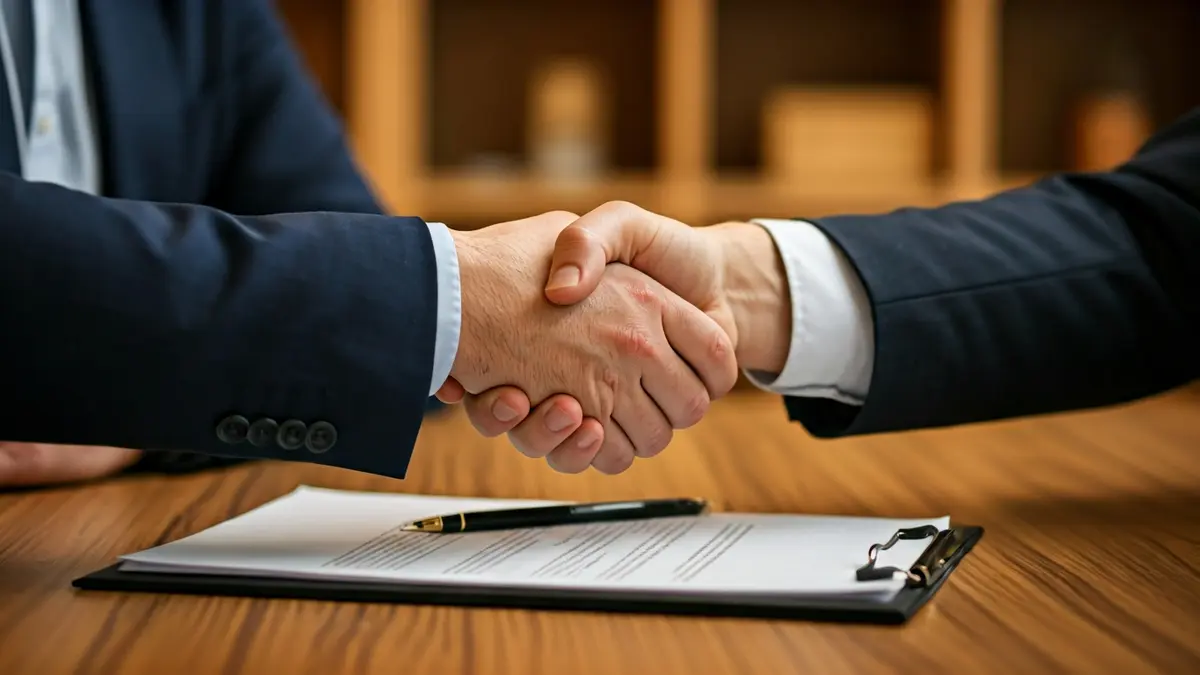 Generic image of two hands shaking over a blurred desk with paperwork, symbolizing a debate or agreement.