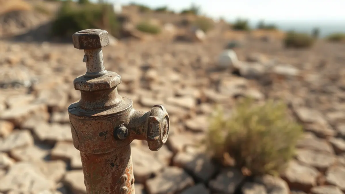 Imatge d'una bomba d'aigua antiga i rovellada, amb terra seca al fons, simbolitzant la disputa per l'aigua en Monte Pego.