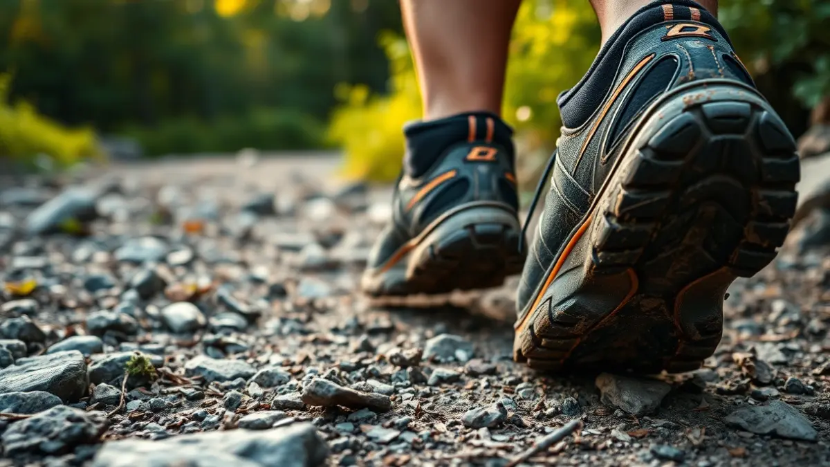Generic image of trail running shoes on a mountain path, with blurred foliage in the background.
