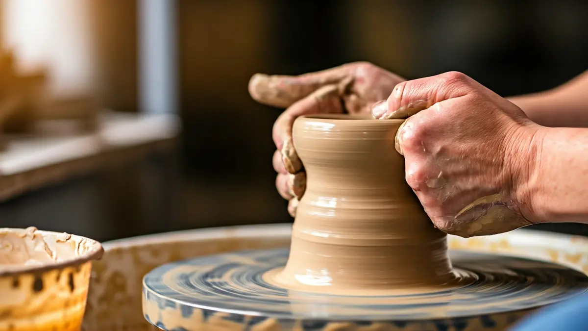 Imatge genèrica de mans treballant amb argila en un torn de terrissaire.