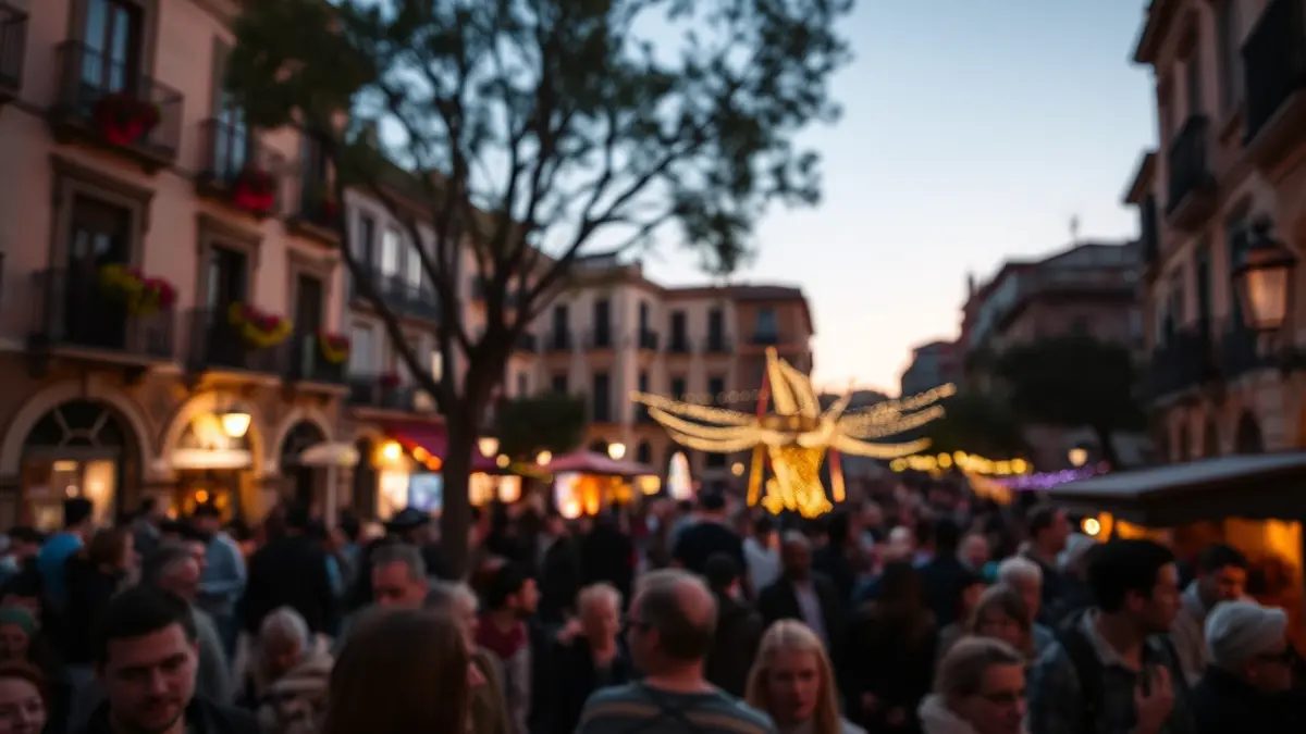 Generic image of a Valencian town square during a festival, with crowds and decorations.