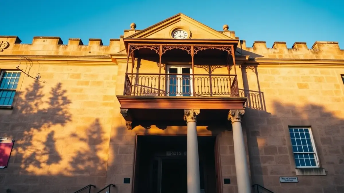 Fachada del ayuntamiento de Figueroles con balcones de hierro forjado y luz solar cálida.