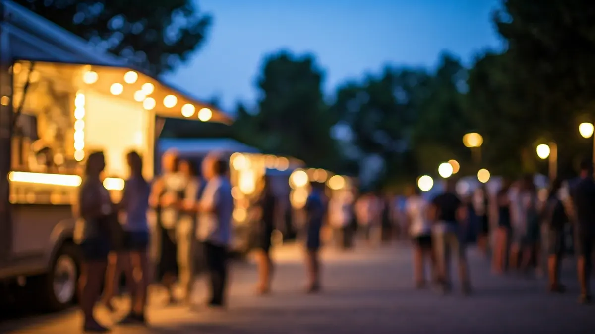 Imagen de un festival de comida al aire libre con food trucks y gente disfrutando de hamburguesas.