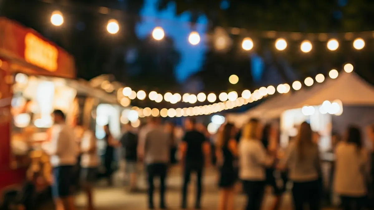 Imatge d'un festival de menjar a l'aire lliure amb food trucks i gent gaudint d'hamburgueses.