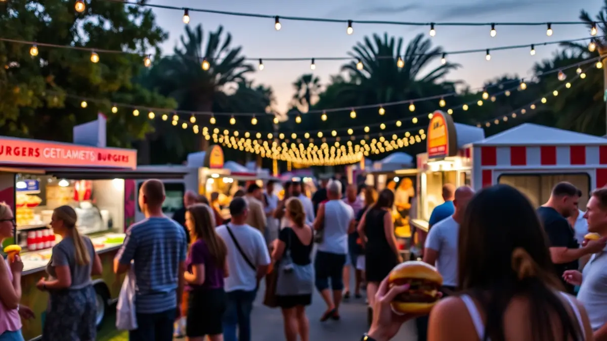 Imatge d'un festival gastronòmic a l'aire lliure amb camions de menjar i gent gaudint d'hamburgueses gurmet.