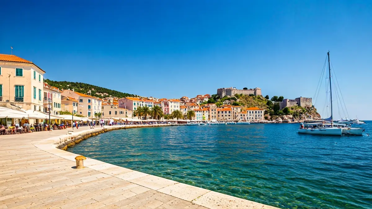 Imatge d'una ciutat portuària mediterrània amb un castell i un passeig marítim sota el sol.