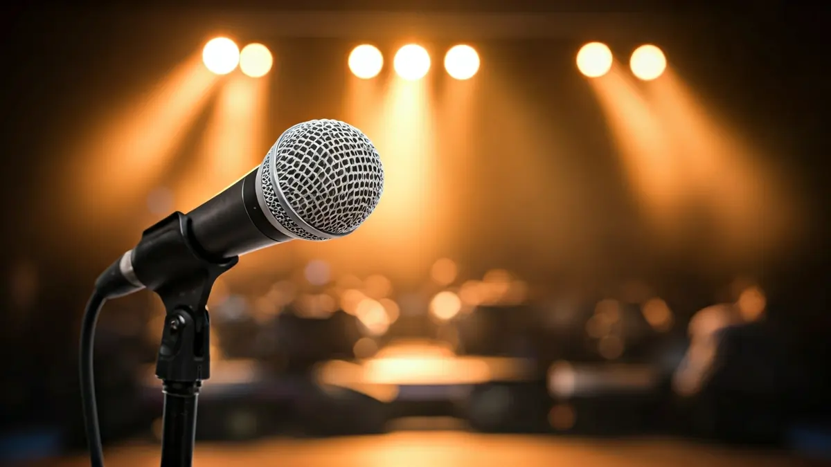 Imatge genèrica d'un micròfon en un escenari amb llums borroses al fons, evocant un ambient de concert.
