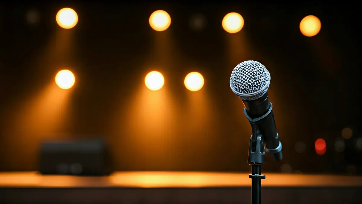 Imatge genèrica d'un micròfon en un escenari amb llums de concert desenfocades al fons.