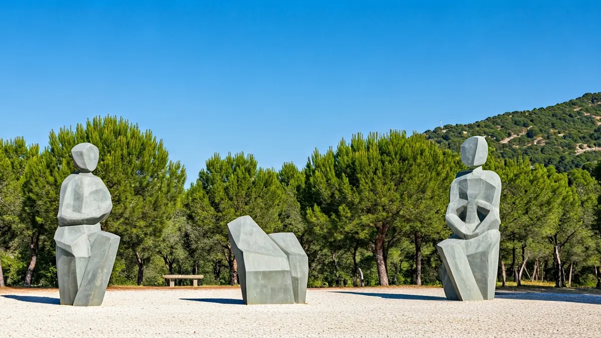 Imatge d'escultures abstractes en un entorn natural mediterrani.