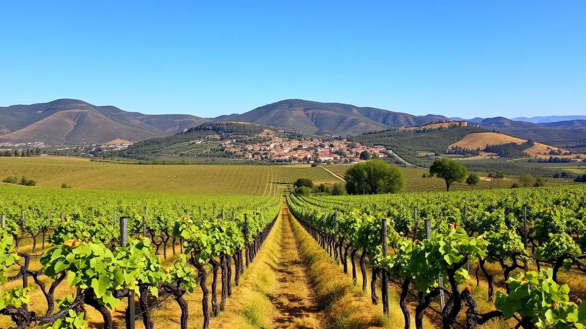Imagen de viñedos en la comarca de la Plana de Utiel-Requena, con un pueblo al fondo.