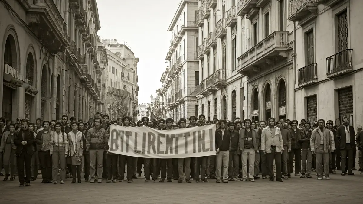 Imatge d'una manifestació política en el carrer de Xàtiva de València en 1977, amb una pancarta d'Elx per l'autonomia.