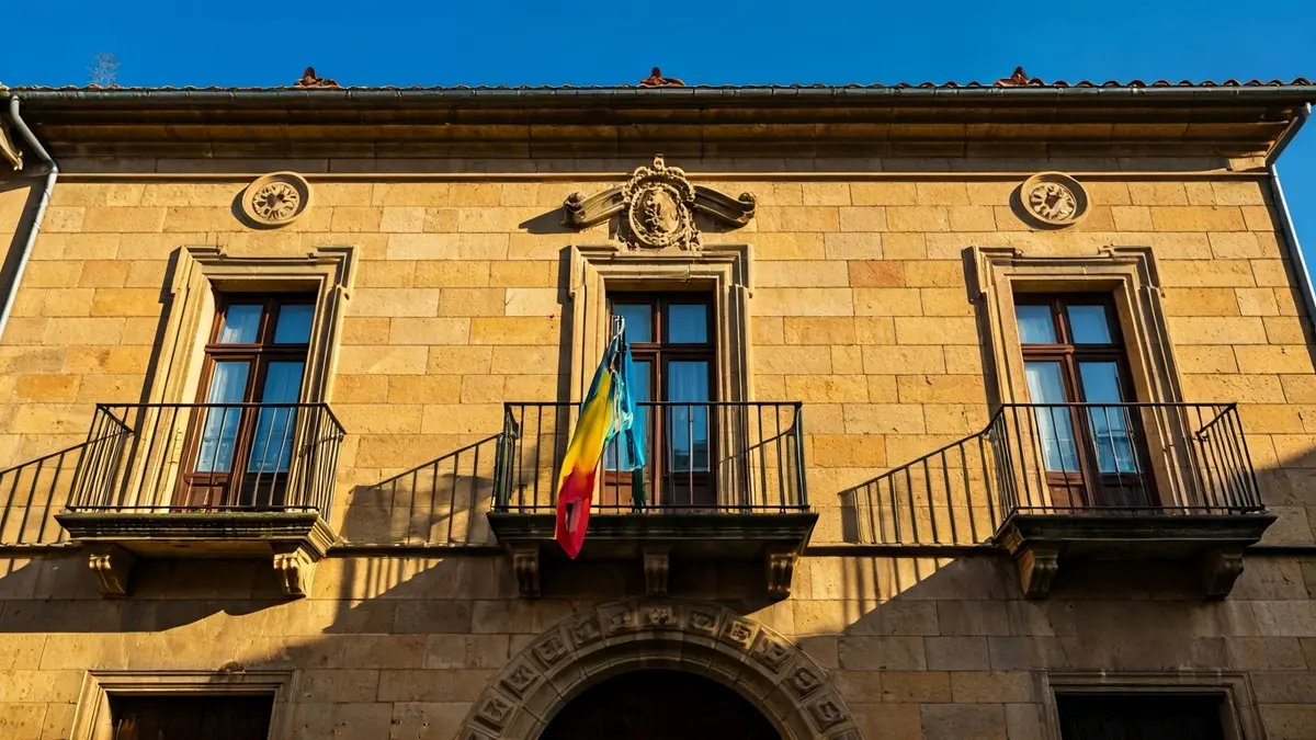 Facade of Torreblanca town hall with wrought iron balconies under sunlight.