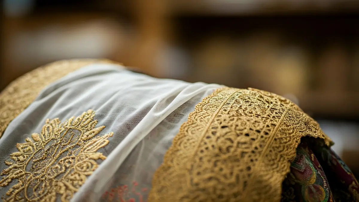 Detail of a fallera dress with embroidery and lace.