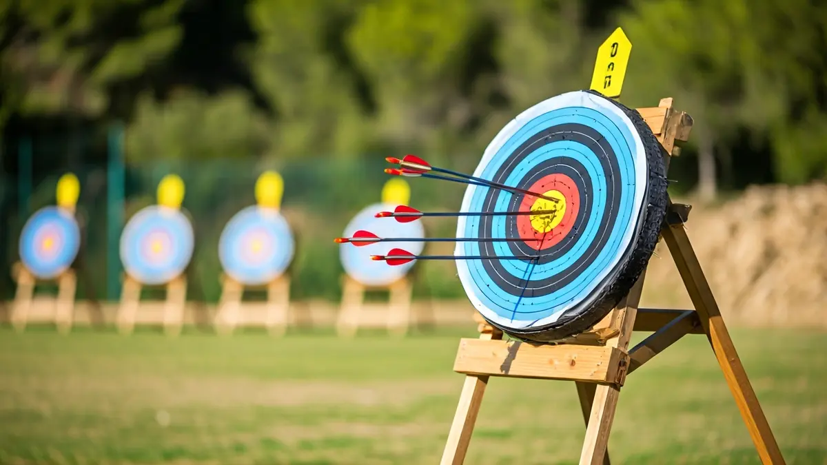 Imatge genèrica d'un blanc de tir amb arc amb fletxes clavades, en un camp a l'aire lliure.