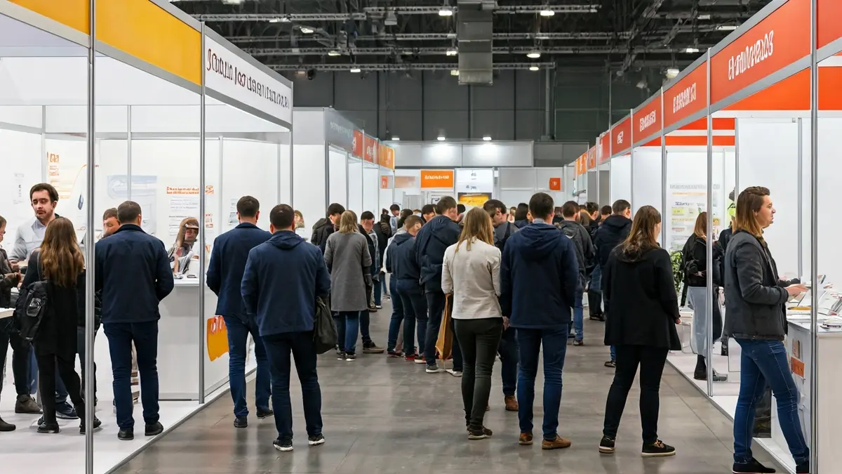 Imagen genérica de una feria de formación profesional con stands y personas interactuando.