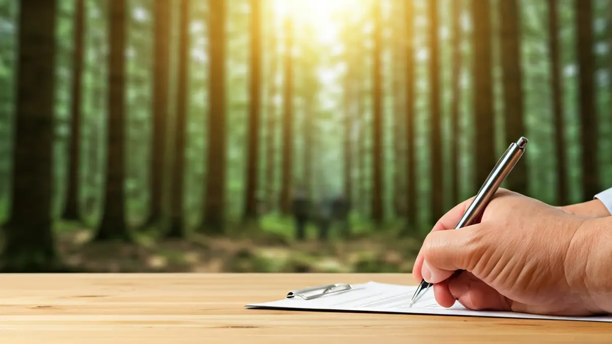 Image of a hand signing a document, with a blurred forest background, symbolizing environmental protection.