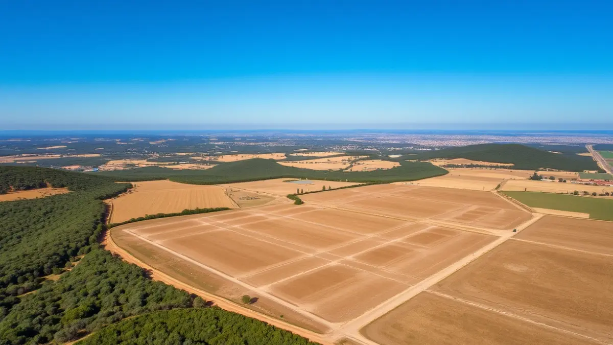 Imatge aèria d'una gran parcel·la rústica amb vegetació baixa i pastures, vora una zona boscosa, en un paisatge mediterrani.