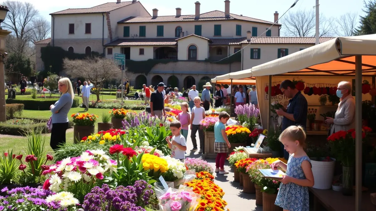 Imagen de una fiesta de primavera en un jardín histórico con flores, plantas y actividades familiares.