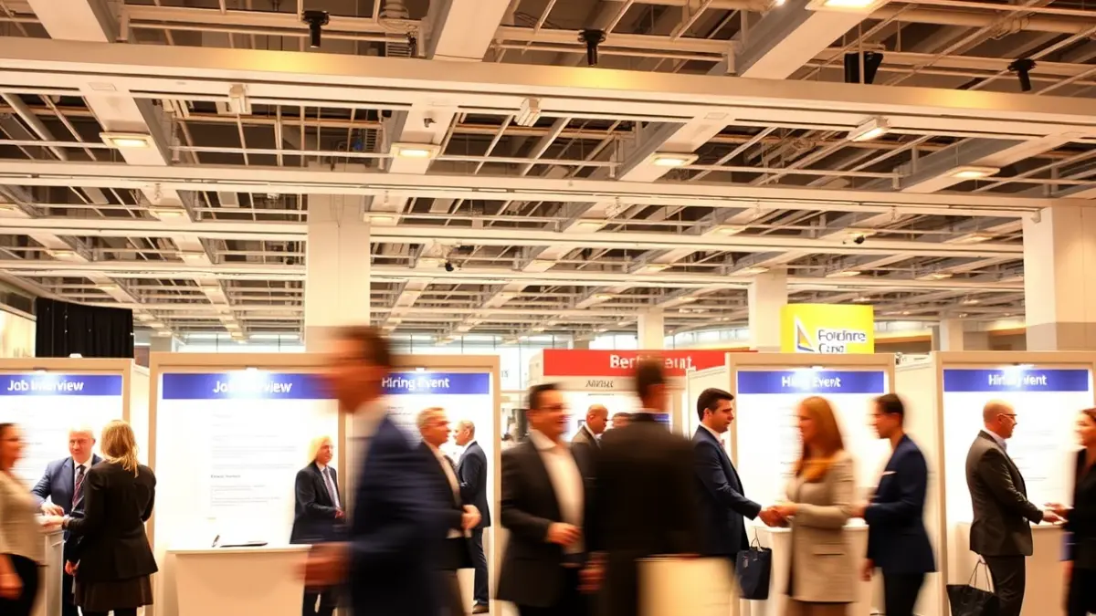 Imatge genèrica d'una fira d'ocupació amb persones interactuant en estands de selecció de personal.
