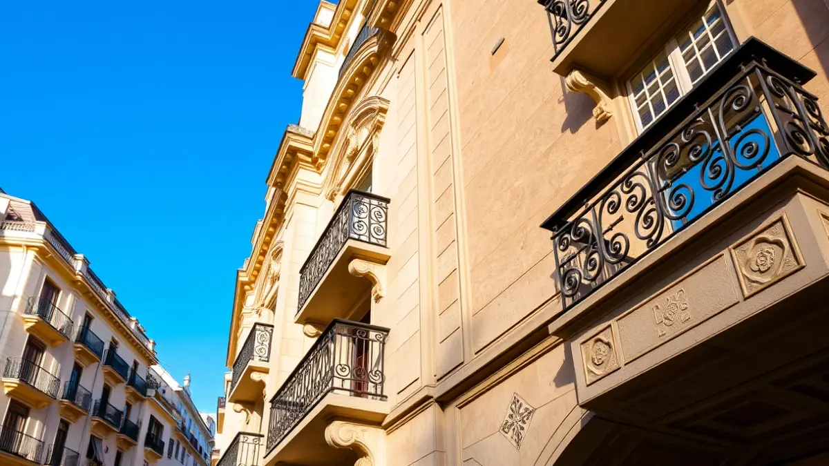 Imagen de una fachada modernista con detalles arquitectónicos y balcones de hierro forjado en una ciudad mediterránea.