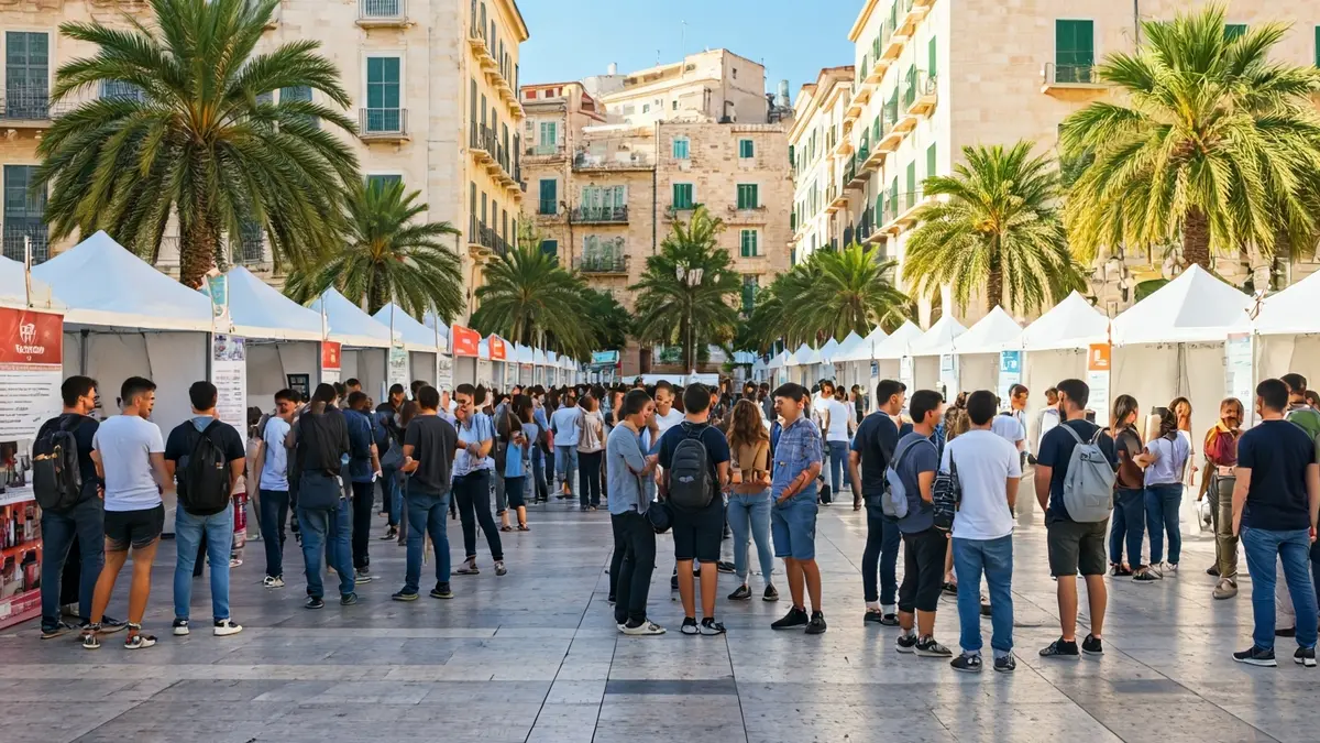 Imatge d'una fira d'ocupació en una plaça major, amb estands i gent jove interactuant.