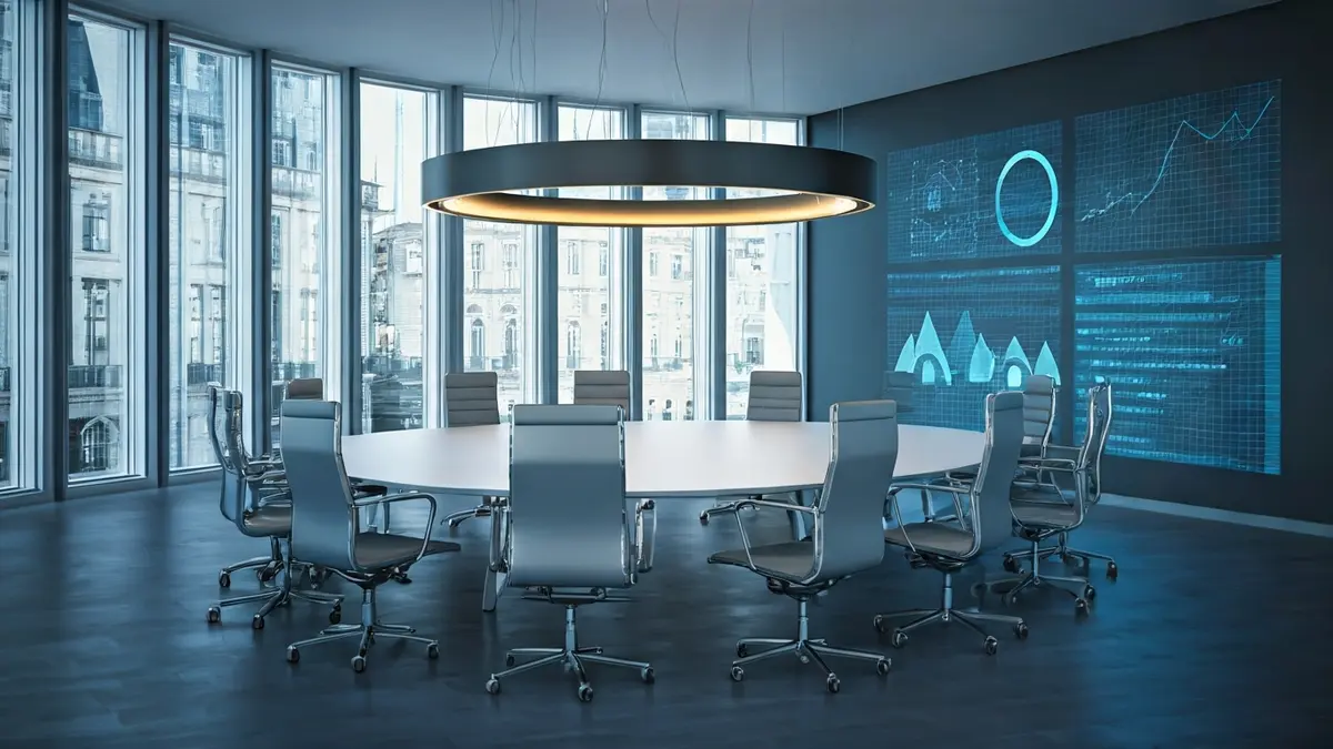 Generic image of a modern meeting room, with a large table and a screen displaying data, symbolizing strategy and coordination.