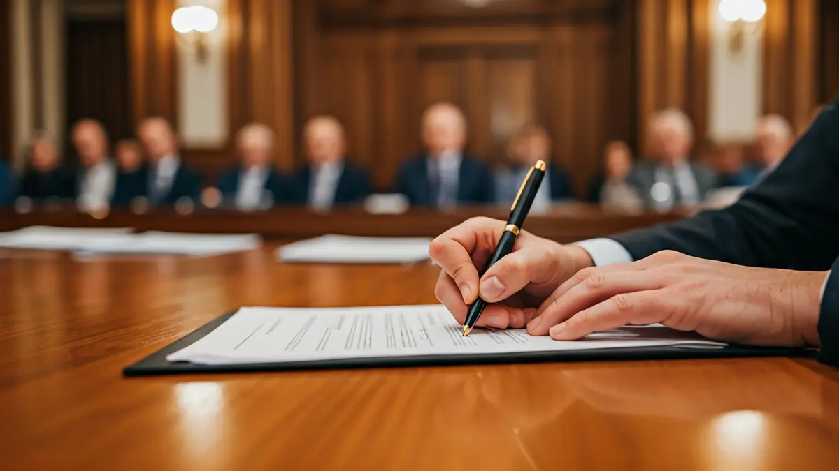 Generic image of hands signing a document on a desk, representing a government meeting.