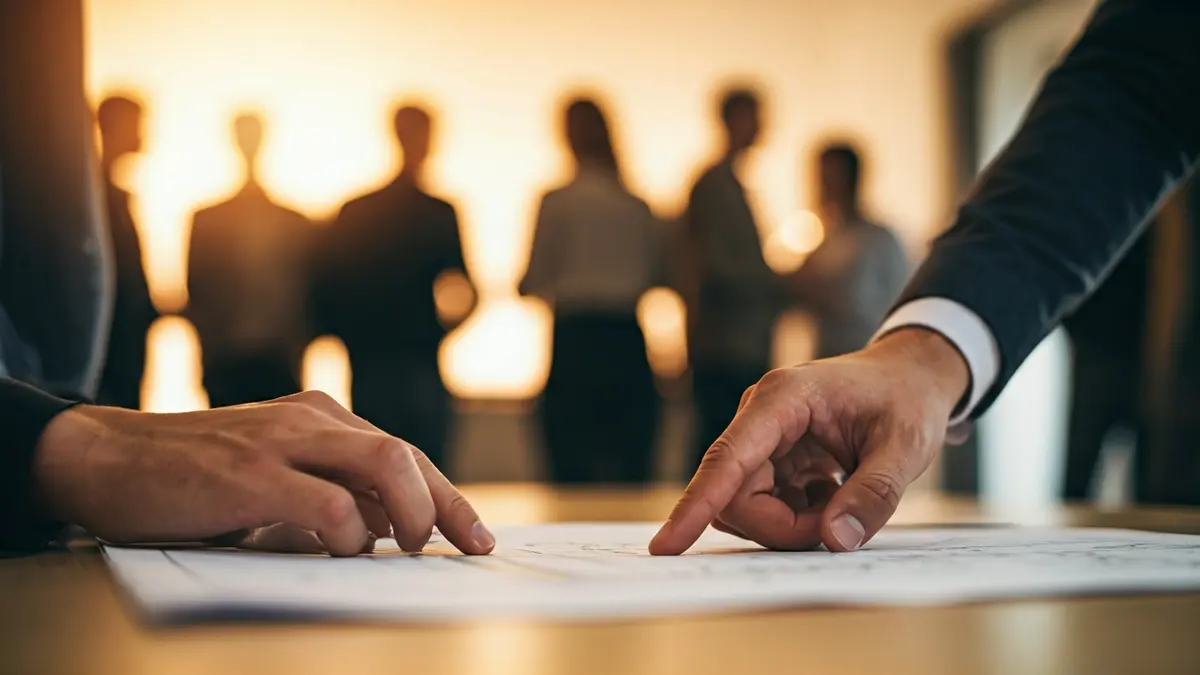 Imatge genèrica d'una mà assenyalant un plànol arquitectònic en una taula, amb figures borroses al fons, representant la planificació urbana i el desenvolupament d'habitatges.