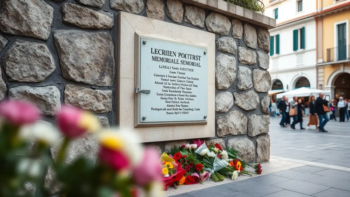 Imatge d'una placa commemorativa en un mur de pedra, amb flors a la base, en una plaça mediterrània.