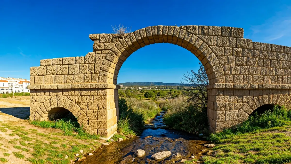 Imatge d'un aqüeducte de pedra parcialment danyat amb aigua fluint per sota.