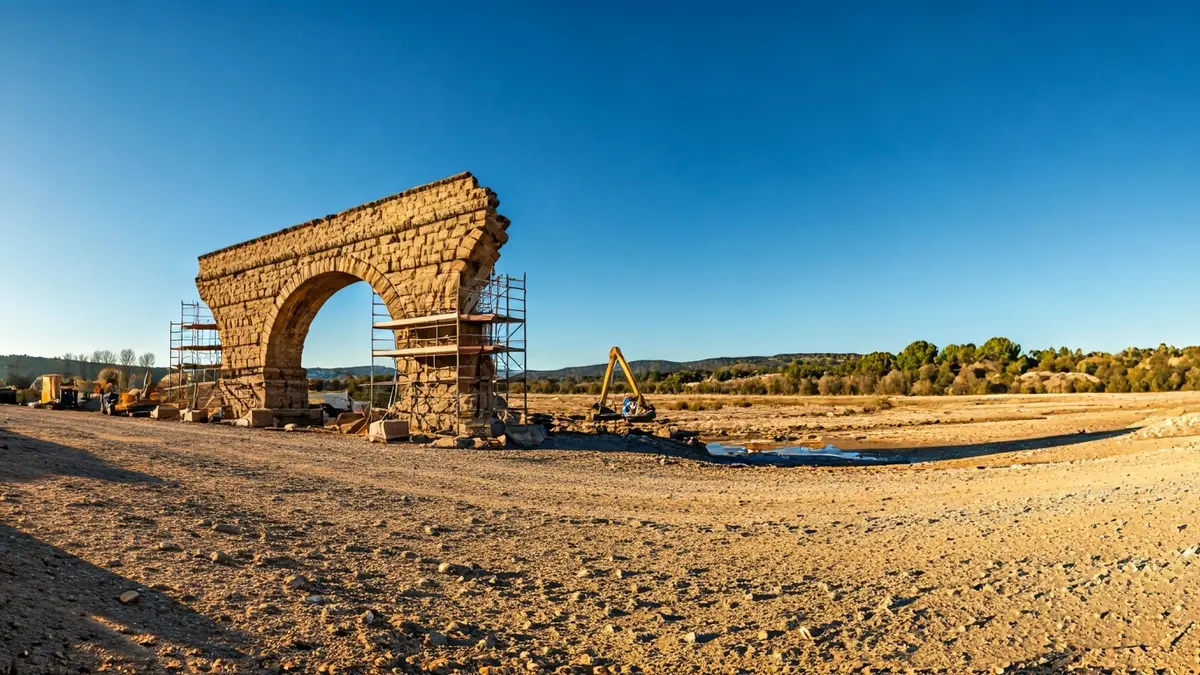 Imatge d'un aqüeducte històric en procés de reconstrucció, amb elements moderns i antics.