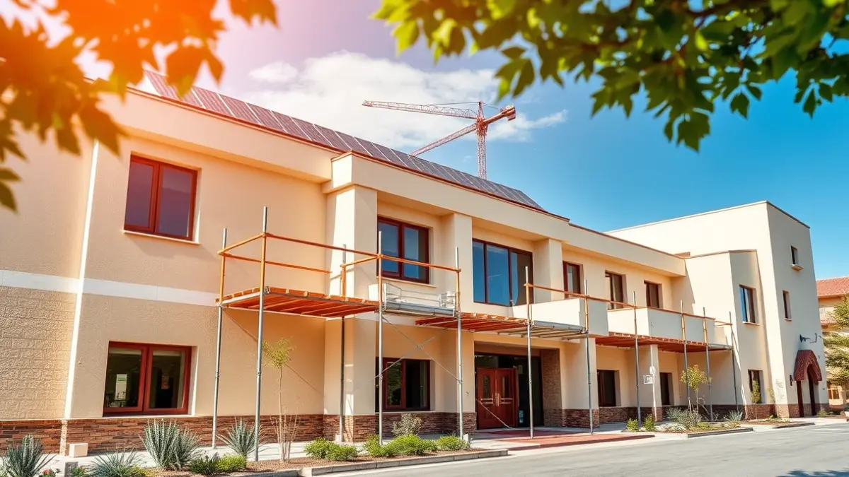 Image of a modern school building with solar panels and scaffolding, on a sunny day.