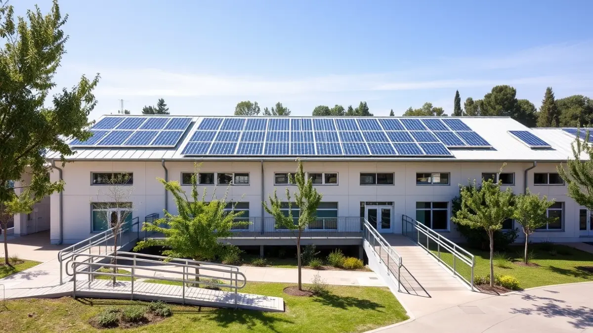 Image of a modernized school building with solar panels and access ramps, in a green environment.