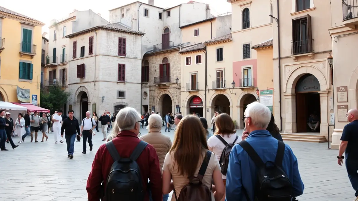 Image of a cultural tour through a Mediterranean town, with people observing modernist architecture.